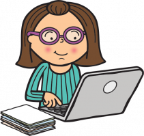 emma character wearing glasses typing on a laptop with stack of papers next to her illustrator